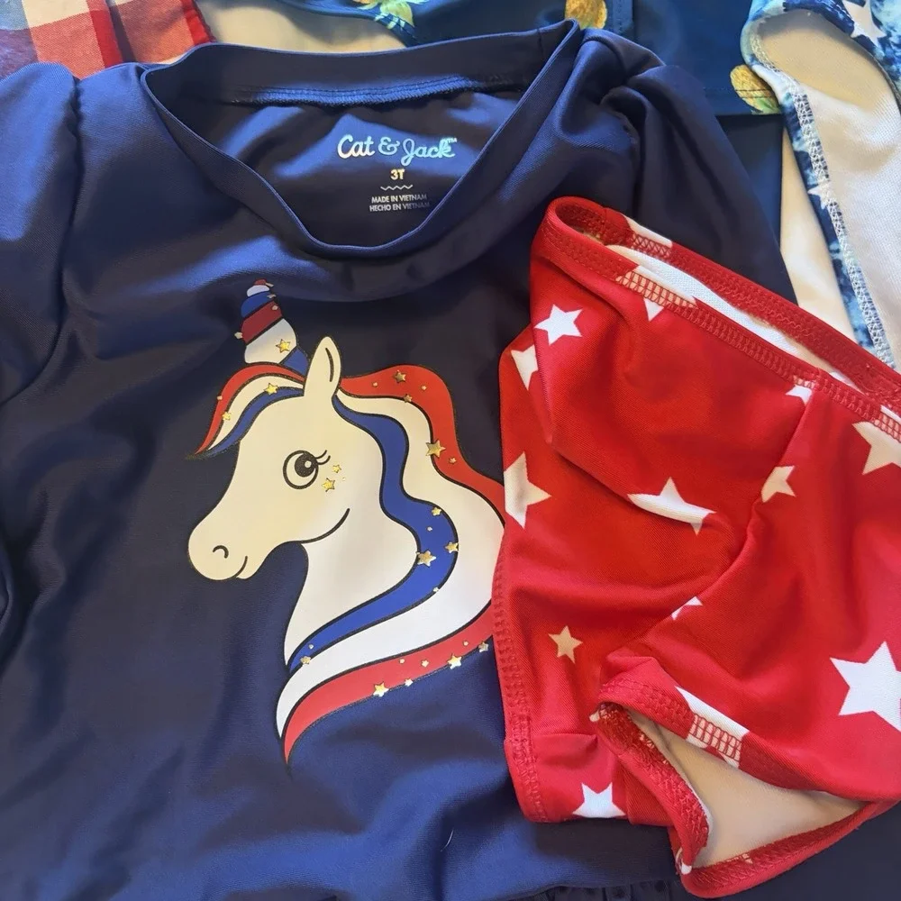 Girls Size 3 Swimwear Lot | 6 Pc Patriotic Unicorn Bikini Rash Guard +‎ Dress